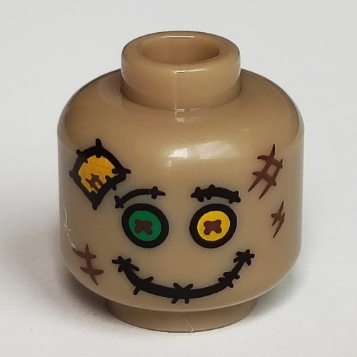 Lego Minifig Head Scarecrow, Yellow and Green Buttons for Eyes, Stitched Mouth Print / Dark Tan