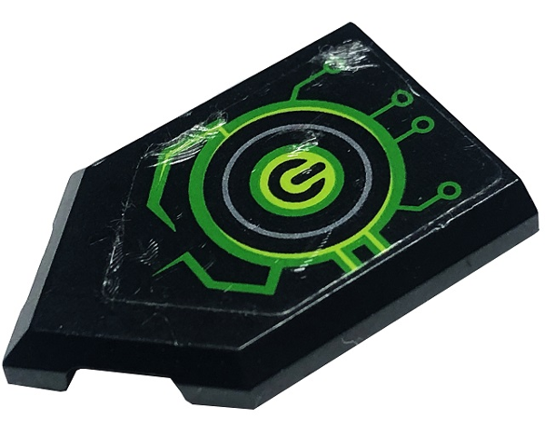 Lego Tile, Modified 2 x 3 Pentagonal with Lime Power Button and Circuitry Pattern Model Left Side (Sticker) - Set 72003