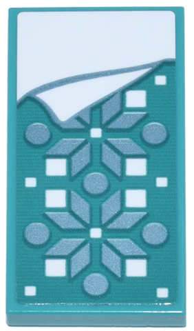 Lego Tile 2 x 4 with Blanket with Metallic Light Blue Snowflakes and Circles, White Squares and Bedsheet Pattern (Sticker) - Set 43244 / Dark Turquoise