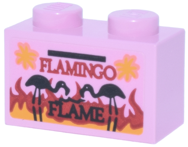 Lego Brick 1 x 2 with Red and Bright Light Orange Flames, Black Flamingos and 'FLAMINGO FLAME' Pattern (Sticker) - Set 76457