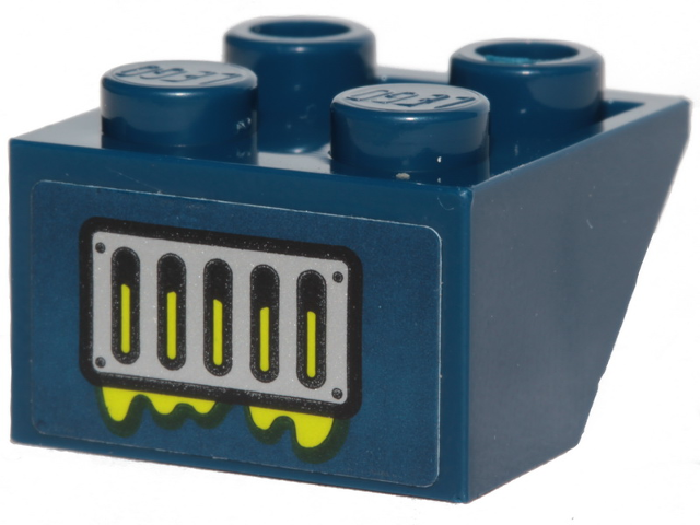 Lego Slope, Inverted 45 2 x 2 with Flat Bottom Pin with Silver Vent and Lime Slime Pattern (Sticker) - Set 40336 / Dark Blue