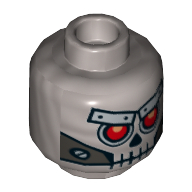 Lego Minifig Head Robo Skeleton, Skull with Red Eyes, Metal Eyebrows with Rivets and Metal Jaw with Screws Print [Hollow Stud] / Flat Silver