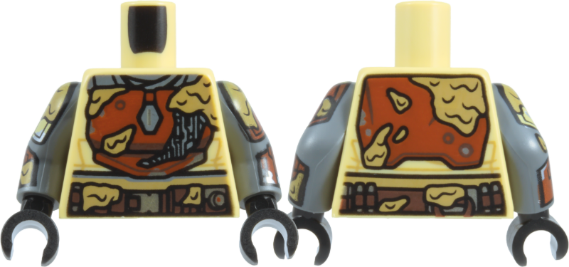 Lego Torso SW Mandalorian Armor, Dark Orange Plates, Dark Tan Mud Splotches, Dark Brown Belt with Silver Buckle, Dark Bluish Gray Shirt Pattern / Dark Bluish Gray Arms with Shoulder Pads, Armor and Mud Splotches Pattern / Black Hands