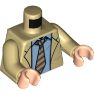 Lego Torso Jacket, Medium Blue Shirt, Striped Tie Print, Tan Arms, Light Nougat Hands