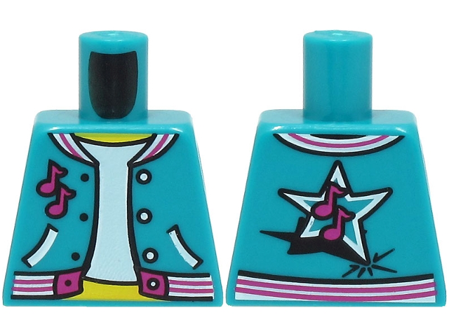 Lego Torso Open Jacket with Pockets over Light Aqua Shirt, Magenta Music Notes and Trim, Star on Back, Yellow Neck Pattern (BAM) / Dark Turquoise