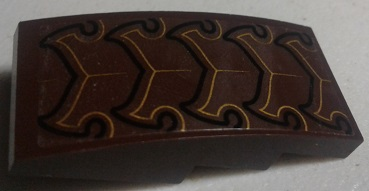 Lego Slope, Curved 4 x 2 with Black and Gold Exoskeleton Tail Segments Pattern (Sticker) - Set 70132 / Dark Brown