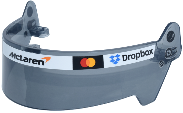 Lego Sports Motorcycle Helmet Large Visor with Black Bolt, Light Bluish Gray Fan and Vent, and Mastercard, 'McLaren' and 'Dropbox' Logos Pattern (Stickers) - Set 43017 / Trans-Black
