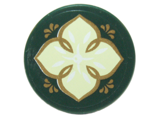 Lego Tile, Round 2 x 2 with Bottom Stud Holder with Light Green Leaf with Four Petals and Gold Edges on Transparent Background Pattern (Sticker) - Set 41072 / Dark Green