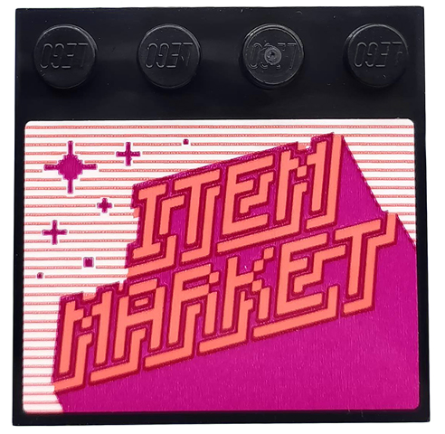 Lego Tile, Modified 4 x 4 with Studs on Edge with Coral Pixelated 'ITEM MARKET', Magenta Stripes and Stars Pattern (Sticker) - Set 71708 / Black