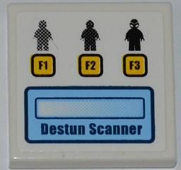 Lego Tile 2 x 2 with 3 Minifigures, 3 Buttons with 'F1', 'F2' and 'F3' and 'DESTUN SCANNER' Pattern (Sticker) - Set 7066 / White