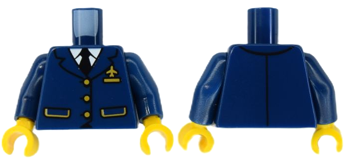 Lego Torso Suit Jacket with 2 Pockets, 3 Gold Buttons, Airplane Pin and Badge, White Shirt, Black Tie Pattern (BAM) / Dark Blue Arms / Yellow Hands