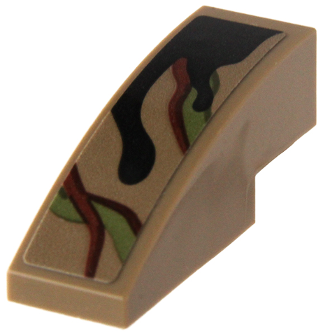 Lego Slope, Curved 3 x 1 with Reddish Brown Tree Bark Plates, Olive Green Vines and Black Splotch Pattern (Sticker) - Set 76249 / Dark Tan