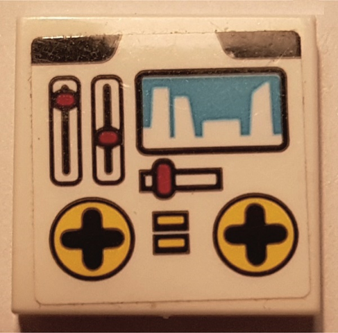 Lego Tile 2 x 2 with Control Panel with Medium Azure Display, Red Sliders, and Yellow Directional Pads Pattern (Sticker) - Set 41352 / White