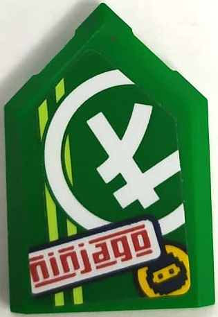 Lego Tile, Modified 2 x 3 Pentagonal with Red 'ninjago', Ninjago Logogram Letter L, Ninja Head in Circle and Yellowish Green Stripes Pattern (Sticker) - Set 71709 / Green
