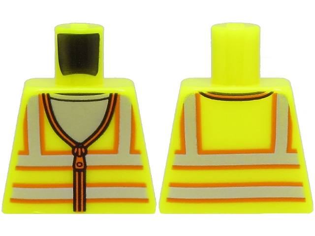 Lego Torso Safety Vest with Zipper and Silver and Orange Reflective Stripes over Light Bluish Gray Shirt Pattern / Vibrant Yellow
