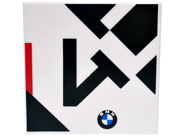Lego Tile 4 x 4 with Black and Red Stripes and Triangle, Number 4 and BMW Logo Pattern