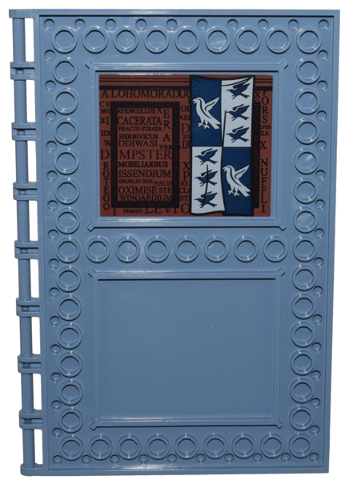 Lego Tile, Modified 10 x 16 with Studs on Edges and Bar Handles with Ravenclaw Flag, Spells and Latin Words on Reddish Brown Background Pattern on Inside (Sticker) - Set 76385