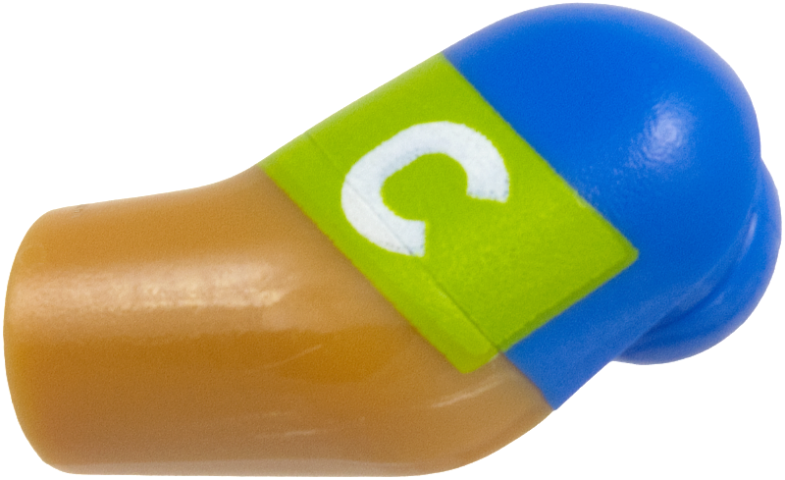 Lego Arm, Left with Molded Blue Short Sleeve and Printed Lime Captain's Armband with White Capital Letter C Pattern / Medium Nougat