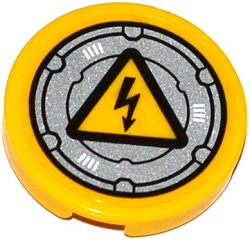 Lego Tile, Round 2 x 2 with Bottom Stud Holder with Electricity Danger Sign on Silver Circular Hatch Pattern (Sticker) - Set 70173