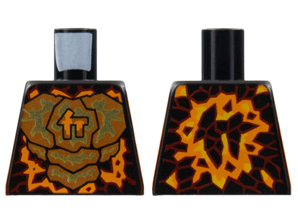 Lego Torso Orange and Gold Energy, Ninjago Logogram Letter C, Red Rimmed Lava Stone Spots Pattern / Black