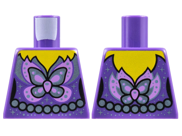 Lego Torso Female Yellow Neck, Metallic Light Blue and Medium Lavender Butterfly, Sparkles, Pearl Belt Pattern / Dark Purple