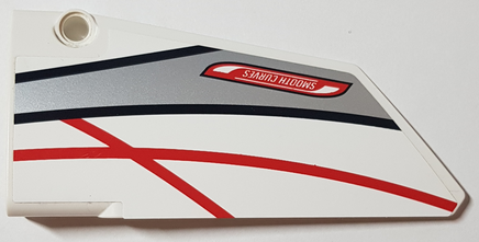 Lego Technic, Panel Fairing #17 Large Smooth, Side A with 'SMOOTH CURVES', Black, Red and Silver Stripes Pattern (Sticker) - Set 42000 / White