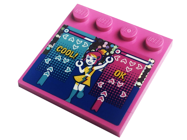 Lego Tile, Modified 4 x 4 with Studs on Edge with Yellow 'COOL!' and 'OK', Dancing Friends Minifigure, Medium Azure and Dark Pink Directional Arrows Pattern (Sticker) - Set 41708