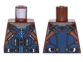 Lego Torso Dark Blue and Reddish Brown Vest with Zipper and Pockets, Black Belt, Silver Buckles Pattern / Reddish Brown