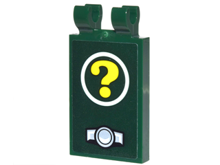 Lego Tile, Modified 2 x 3 with 2 Clips with Yellow Question Mark in White Circle and Hood Ornament Pattern (Sticker) - Set 70903 / Dark Green