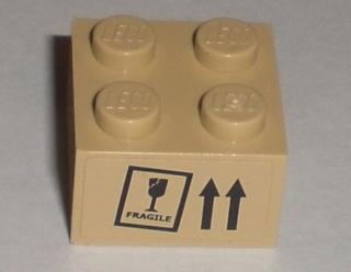 Lego Brick 2 x 2 with 'FRAGILE' Goblet and This Way Up Arrows Pattern (Sticker) - Sets 8196 / 8199 / Tan
