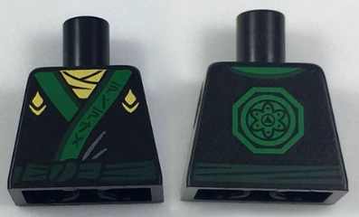 Lego Torso Ninjago Robe with Gold Scarf and Diamonds, Green Sash and Emblem Pattern / Black