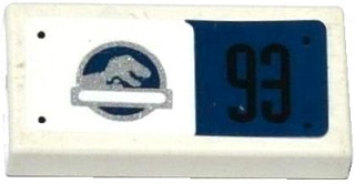 Lego Tile 1 x 2 with Jurassic World Logo on White Background and '93' on Dark Blue Background Pattern (Sticker) - Set 75920