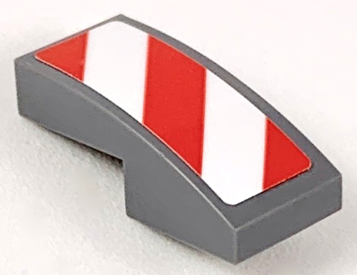 Lego Slope, Curved 2 x 1 x 2/3 with Red and White Danger Stripes (Red Corners) Pattern Model Left Side (Sticker) - Sets 60056 / 60152 / 60223