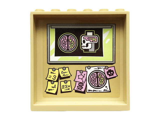 Lego Panel 1 x 6 x 5 with Minifigure Head and Brain X-Ray and Pinned Sticky Notes Pattern on Inside (Sticker) - Set 70418 / Tan