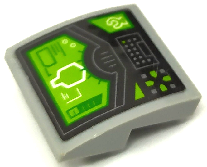 Lego Slope, Curved 2 x 2 x 2/3 Inverted with Lime and Green Head-Up Display (HUD), Buttons and Directional Pad Pattern (Sticker) - Set 72003 / Light Bluish Gray