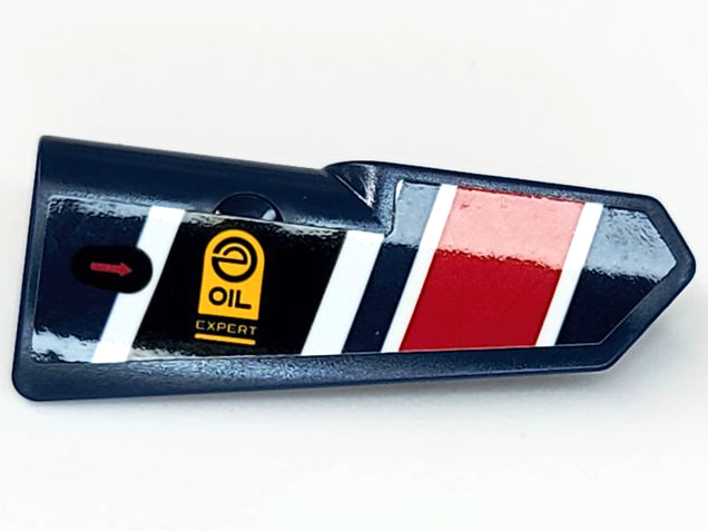 Lego Technic, Panel Fairing #21 Very Small Smooth, Side B with 'OIL EXPERT', Black, Red, and White Stripes Pattern (Sticker) - Set 42109 / Dark Blue