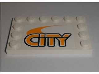 Lego Tile, Modified 4 x 6 with Studs on Edges with Bright Light Orange 'CITY' Pattern (Sticker) - Set 60097