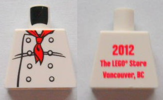 Lego Torso Chef with 8 Buttons, Long Red Neckerchief Scarf Front, 2012 The LEGO Store Vancouver, BC Back Pattern / White