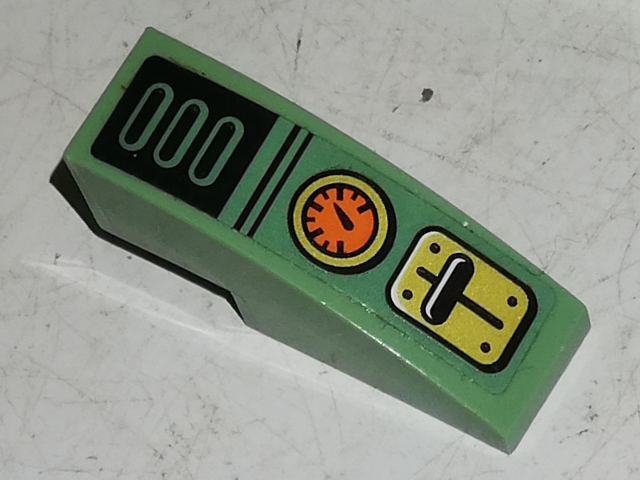 Lego Slope, Curved 3 x 1 with Yellow Lever Small Base with Black Lever and Orange Gauge Pattern (Sticker) - Set 70589 / Sand Green