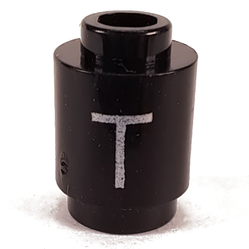 Lego Brick Round 1 x 1 with Letter 'T' Print / Black