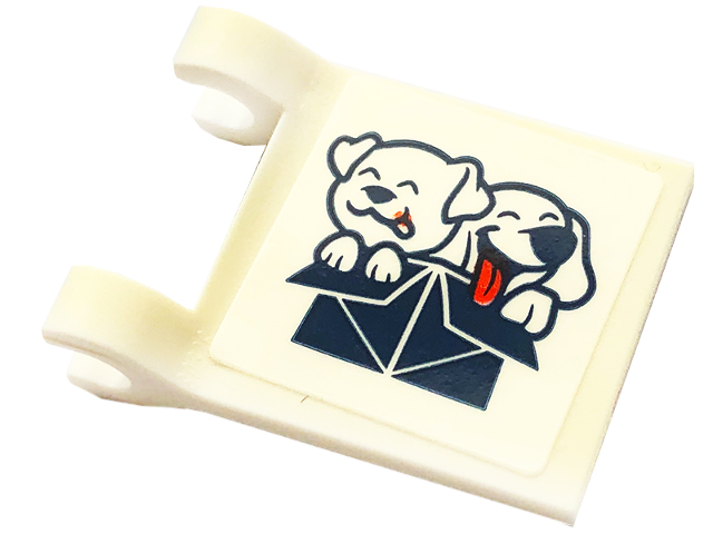 Lego Flag 2 x 2 Square with Flared Edge with 2 White Dogs with Coral Tongues in Dark Blue Box Pattern on Both Sides (Stickers) - Set 41738
