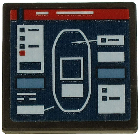 Lego Road Sign 2 x 2 Square with Open O Clip with Screen with Blue Ship Plan and White Text on Dark Red Background Pattern (Sticker) - Set 60266