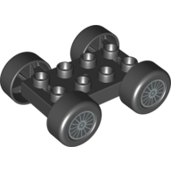 Lego Duplo Car Base, 2 x 4 with Black Tires and Silver Spokes Wheels Print / Black