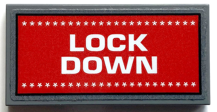 Lego Tile 2 x 4 with White 'LOCK DOWN' and Stars on Red Background Pattern (Sticker) - Set 70912