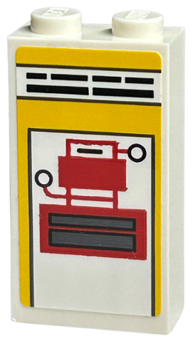 Lego Brick 1 x 2 x 3 with Red Machine, Black Circles and Lines, Dark Bluish Gray Rectangles on White and Yellow Background Pattern (Sticker) - Sets 40528 / 40574