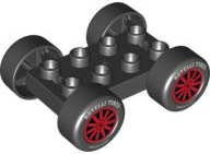 Lego Duplo Car Base 2 x 4 with Black Tires and Red Spokes, 'ROTELLI TIRES' and 'PASTA POTENZA' Wheels Pattern (88760 / 88762c01pb10)