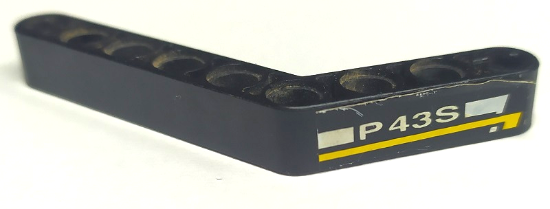 Lego Technic, Liftarm, Modified Bent Thick 1 x 9 (6 - 4) with White 'P43S' and Yellow Stripe Pattern Model Right Side (Sticker) - Set 8443