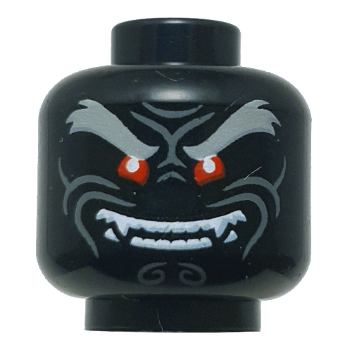 Lego Minifig Head Garmadon, Thick Dark Bluish Grey Eyebrows, Wrinkles, Red Eyes, Mean Smile, Teeth / Frown / Black