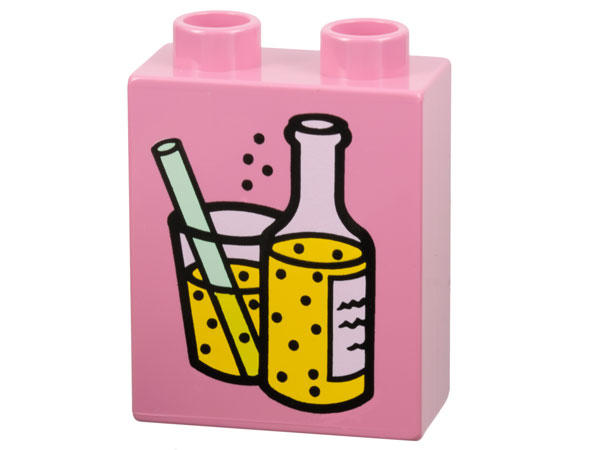 Lego Duplo, Brick 1 x 2 x 2 with Soda Pop Fizzy Drink in Bottle and Glass with Straw Pattern / Medium Dark Pink