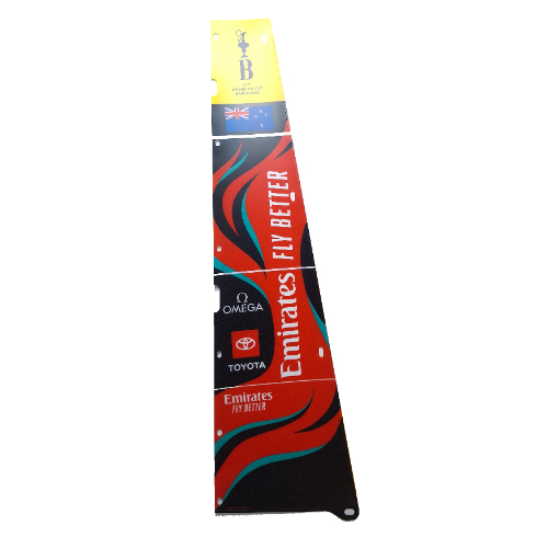 Lego Sail, Triangular, Black with '37th America's Cup Barcelona', 'Emirates FLY BETTER', 'OMEGA', 'TOYOTA', New Zealand Flag and Red and Dark Turquoise Waves Left Print / [No Color/Any Color]